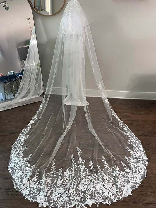 Cathedral Length Wedding Veil with Intricate Floral Lace Appliqué Trim - Elegant Bridal Veil