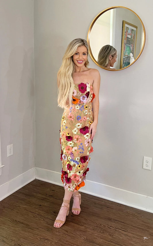 Strapless Wildflower Midi Dress - Chic 3D Floral Cocktail Attire or Wedding Guest Dress