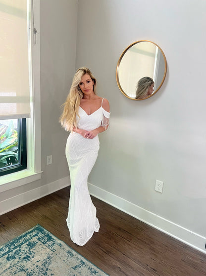 Sequin Off Shoulder Trumpet Wedding Dress with Removable Satin Train