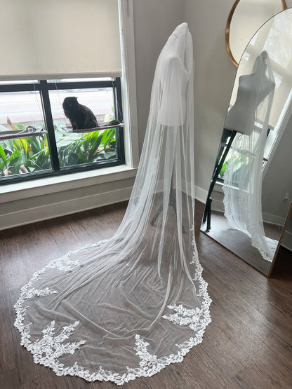 Beautiful Floor Length One Tier Tulle Floral Lace Embroidered Edge Bridal Veil