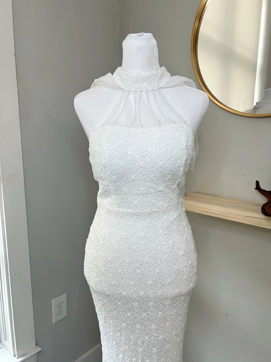 Elegant Beaded Halter High-Neck Wedding Dress