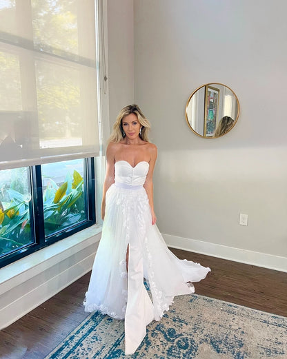Sweetheart Neckline Wedding Dress with 3D Flower Overskirt