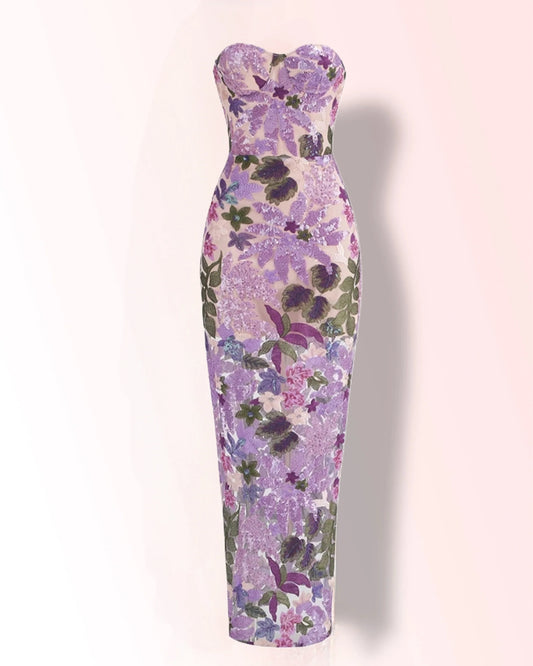 Lavender Sequin Floral Embellished Embroidery Midi Evening Gown